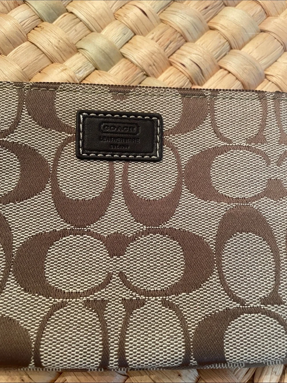 Coach Brown Signature Jacquard Wristlet with Leather Strap and Hang Tag EUC